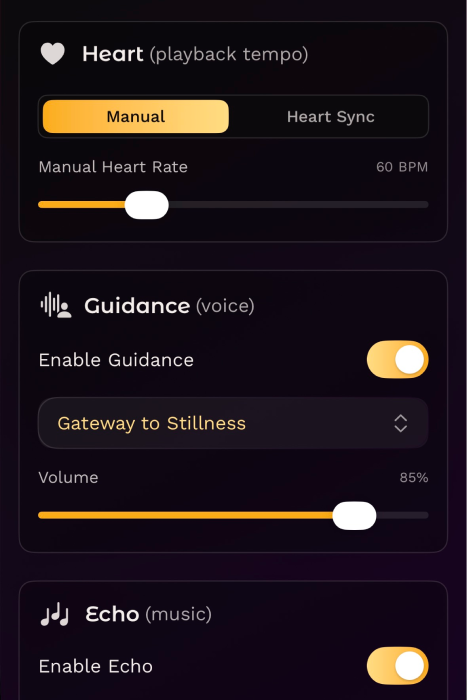 Illustration showing customization options for music, guidance, haptics and ambient sounds in Eunai application