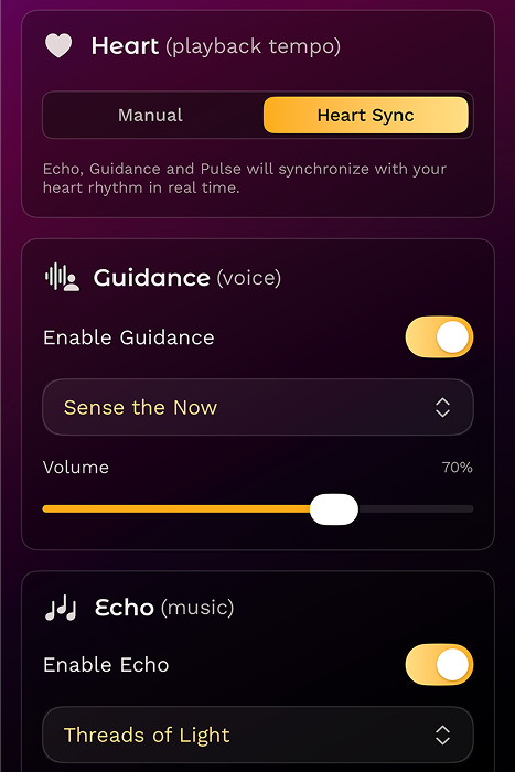 Illustration showing customization options for music, guidance, haptics and ambient sounds in Eunai application